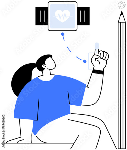 Person interacts with a fitness tracker to monitor health stats via gesture, surrounded by a pencil and settings icon. Ideal for wellness, technology, health monitoring, wearables, innovation