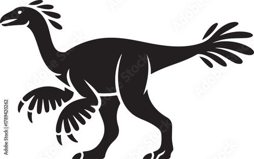 Black silhouette of a prehistoric feathered dinosaur with sharp claws