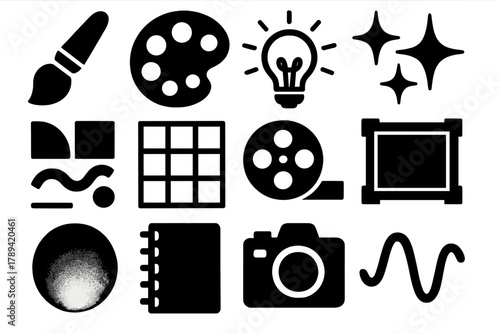 Bold Creative Icons. Creative Breakthrough silhouette icon set: paintbrush, color palette, idea bulb, sparkles, abstract shapes, design grid, film reel, art frame, gradient circle,