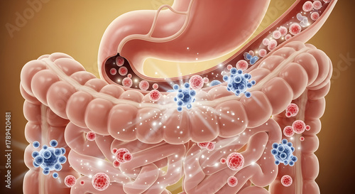 Illustration of probiotics concept showing beneficial bacteria thriving in the human digestive system promoting gut health and gastrointestinal wellness 74264629 1