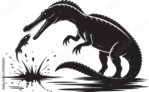 Prehistoric dinosaur hunting a fish in a water scene illustration