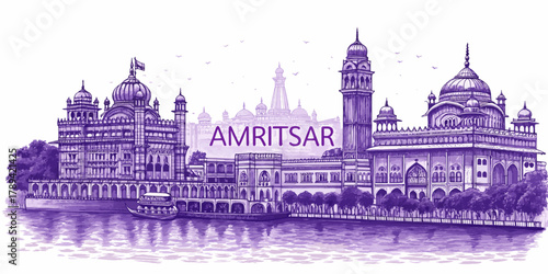Amritsar Skyline Sketch with Golden Temple, Jallianwala Bagh, Partition Museum and Heritage Street – Cultural Line Art for Tourism Poster, Souvenir, Wall Art, Travel Guide Use