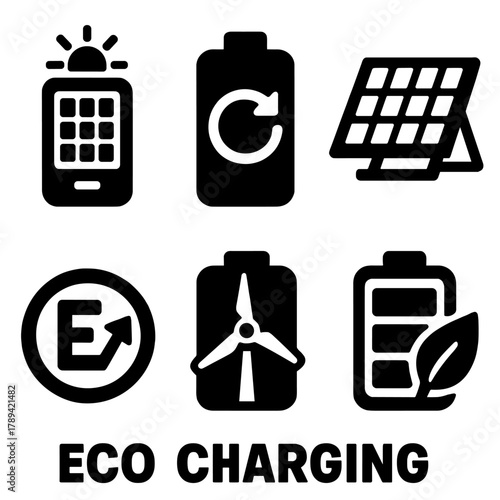 Eco Charging Icons. Eco Charging silhouette icon set: solar charger, kinetic power bank, portable solar panel, energy efficiency symbol, wind-powered charger, eco battery.