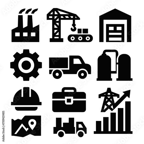 Bold Industrial Icons. Industrial Infrastructure silhouette icon set: factory, crane, conveyor belt, warehouse, gear, truck, storage tank, map, worker helmet, toolbox, power line,