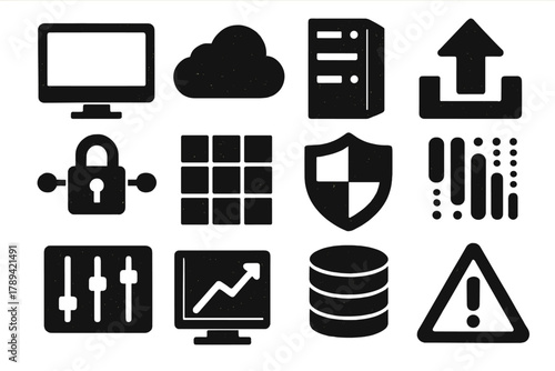 System Migration Icons. System Migration silhouette icon set: computer monitor, cloud icon, server tower, upload arrow, secure connection, firewall grid, shield icon, data stream,