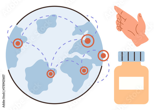 Earth map with marked locations, dotted paths, medicine bottle, and pointing hand. Ideal for healthcare access, global aid, logistics, medical supply chains, pharmaceutical reach public health