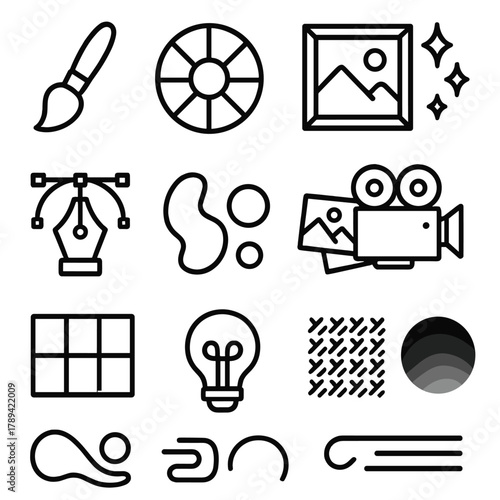 Artistic Icons Collection. Creative Visual Content linear icon set: paintbrush, color wheel, art frame, sparkles, pen tool, abstract shapes, photo collage, film camera, design grid
