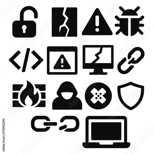 Brutalist Security Icons. Security Weakness silhouette icon set: open padlock, cracked wall, alert symbol, malware bug, code error, warning popup, vulnerable system, broken chain,
