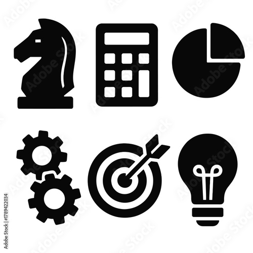 Strategic Icon Set. Profit strategy silhouette icon set: chess knight, calculator, pie chart, gears, target board, light bulb.