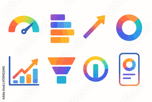 Vibrant KPI Icons. Gradient KPI Visualization flat icons: colorful dial, stacked bars, performance arrow, pie donut, growth chart, data filter, goal tracker, mobile dashboard.