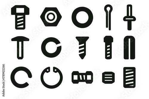 Bold Fasteners Icons. Mechanical Fasteners silhouette icon set: hex bolt, nut, washer, cotter pin, rivet, lock washer, screw, spring pin, clip, retaining ring, coupling, set screw.