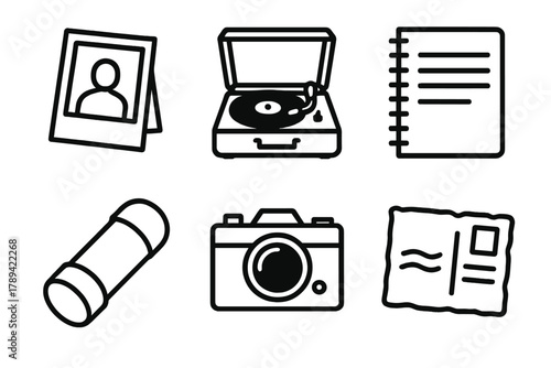 Timeless Treasures Icons. Nostalgic Moments linear icon set: old photograph, record player, diary page, time capsule, retro camera, faded postcard.