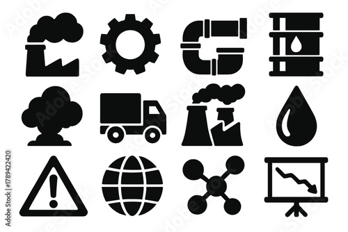 Industrial Pollution Icons. Industrial Pollution silhouette icon set: factory chimney, gear, pipeline, oil barrel, smoke cloud, truck, power plant, water droplet, warning triangle,