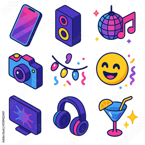 Colorful Party Icons. Tech Party modern flat icons set: smartphone, speaker, disco ball, music note, camera, LED lights, emoji, confetti, screen glow, headphones, cocktail, sparkle