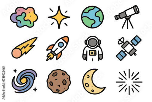 Galactic Icons Display. Nebula linear icon set: colorful nebula cloud, star, planet, telescope, comet, rocket, astronaut, satellite, galaxy, asteroid, moon, light rays.