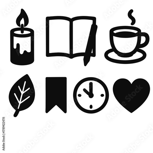 Mindful Journaling Icons. Mindful Journaling Set silhouette icon set: candle, open notebook, pen, tea cup, leaf, bookmark, clock, heart.