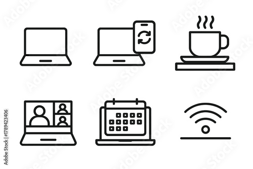 Remote Work Icons. Work From Anywhere linear icon set: laptop on desk, smartphone sync, coffee shop workspace, video meeting, digital calendar, Wi-Fi signal.