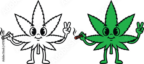 Cannabis leaf cartoon smoking joint peace sign vector illustration