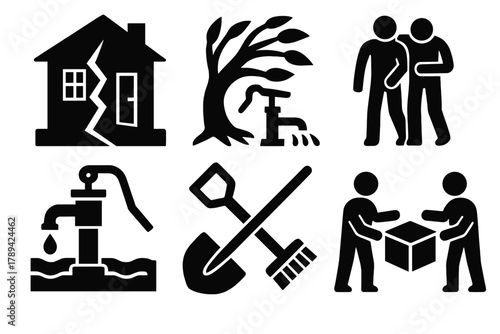 Hurricane Recovery Icons. Aftermath of Hurricane silhouette icon set: broken house, fallen tree, rescue team, water pump, cleanup tools, community aid.