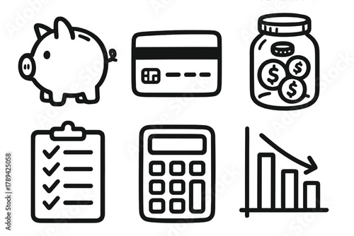 Personal Finance Icons. Personal Finance outline icons: piggy bank, credit card, savings jar, calculator icon, checklist, income vs expense chart.