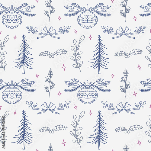 Christmas hand drawn line art pattern with branches, ribbon bow, bell and tree element. Christmas greenery. Winter color.
