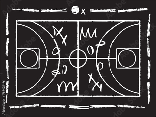 Basketball strategy field, game tactic board template. Hand drawn basketball game scheme, learning sport plan board. Court in line style. Vector illustration