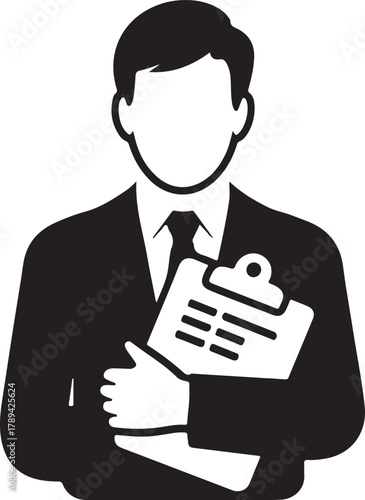Clipboard with checklist. Businessman holding pencil at big complete checklist with tick marks. Check list with tick mark, businessman with questionnaire. Vector illustration