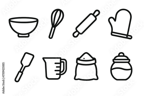 Baking Essentials Icons. Baking Essentials linear icon set: mixing bowl, whisk, rolling pin, measuring cup, oven mitt, spatula, flour bag, sugar jar.