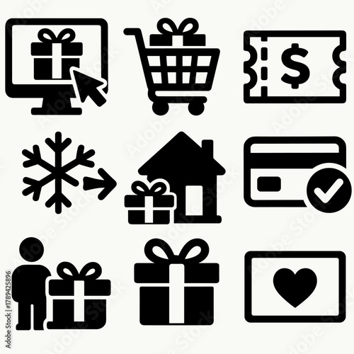 Holiday Shopping Icons. Christmas Purchase Flow silhouette icon set: browsing gifts, adding to cart, coupon entry, payment approval, snowflake tracker, doorstep delivery, ribbon