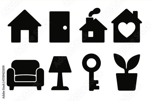 Brutalist Home Icon Set. Family Home Symbols silhouette icon set: house, door, chimney smoke, heart inside home, cozy couch, lamp, key, plant