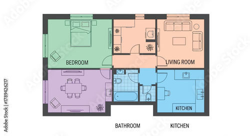 Simple floor plan illustrating a two bedroom apartment layout with furniture