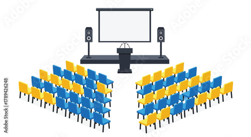 An empty auditorium with rows of blue and yellow seating and a stage