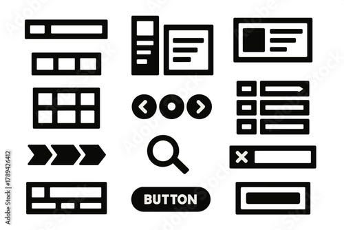 Brutalist UI Icon Set. Web UI Components silhouette icon set: navbar, sidebar, card, table grid, pagination, accordion, breadcrumb, search icon, banner, footer, button, text field.