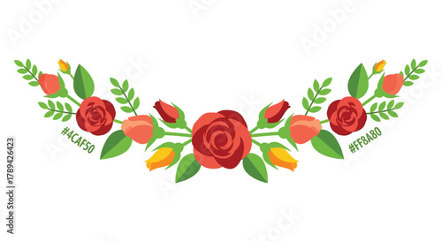 A vibrant floral arrangement featuring red roses green leaves and yellow buds