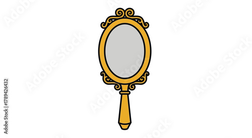 An ornate golden hand mirror simple cartoon illustration in a white background