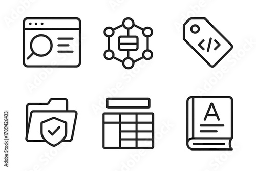 Metadata Icon Set. Metadata Management linear icon set: data catalog, lineage diagram, metadata tag, classification folder, schema overview, data dictionary.