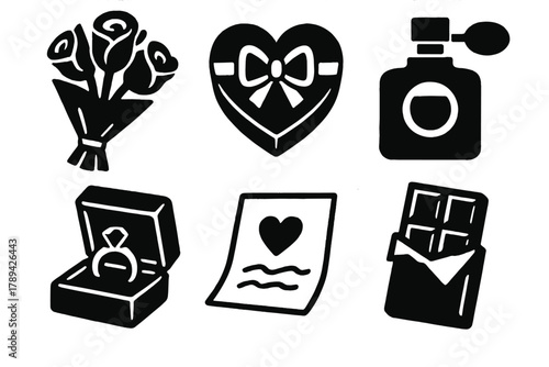 Bold Romantic Icons. Romantic Gifts silhouette icon set: rose bouquet, heart box, perfume bottle, jewelry case, handwritten note, wrapped chocolate.