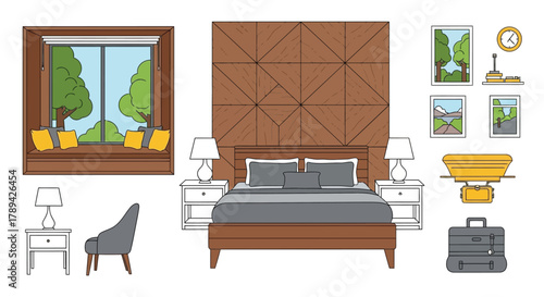 Interior design of a modern bedroom with window view and furniture layout