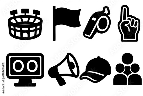 Bold Sports Icons. Sports Audience silhouette icon set: stadium, flag, whistle, foam finger, scoreboard, megaphone, cap, crowd.