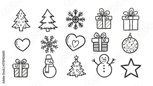 Christmas Ornament Collection of Tree, Snowflakes, Presents, Heart, and Snowman in Doodle Style