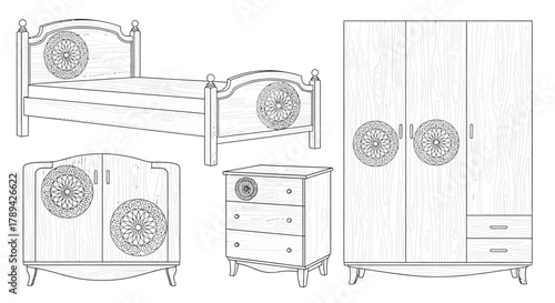 A detailed line drawing showcases vintage bedroom furniture with ornate designs