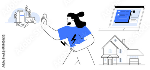 Woman in refusal gesture towards dairy items, holding stomach in reaction. Nearby, a home and a web page screen suggest dietary concerns, food allergies, or research. Ideal for wellness, allergy