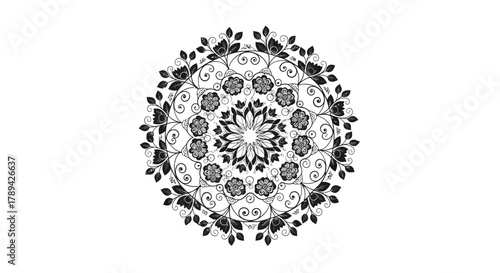 Intricate black and white floral mandala design with symmetrical patterns