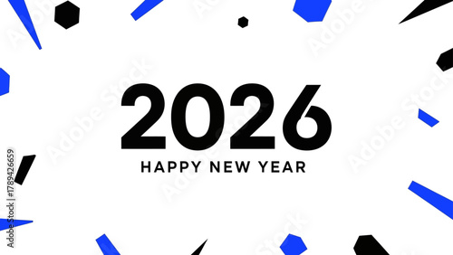 New Year 2026 Celebration Modern Minimalist Design with Blue Confetti and Bold Numerals