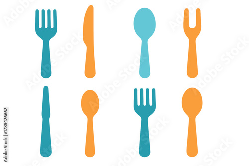 Modern Colorful Cutlery. Table Cutlery Symbols flat icons: fork, knife, spoon, dessert knife, serving fork, teaspoon, salad spoon, elegant set