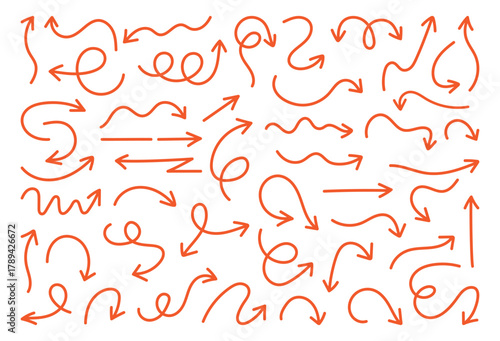 Hand drawn doddle red arrow icon set. Doodle movement spiral arrows, scribble, lines. 