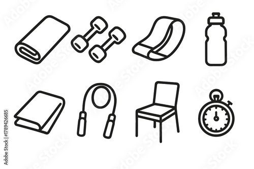 Home Fitness Essentials. Home Fitness Set linear icon set: yoga mat, dumbbells, resistance band, water bottle, towel, jump rope, chair, stopwatch.