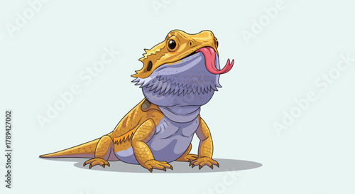 A cartoon bearded dragon lizard with its tongue sticking out, sitting on a light blue background.