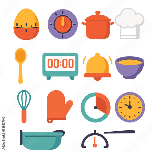 Modern Kitchen Timer Icons. Kitchen Timer flat icons: egg timer, oven dial, cooking pot, chef hat, spoon, digital timer, alarm bell, bowl, whisk, oven mitt, countdown circle,