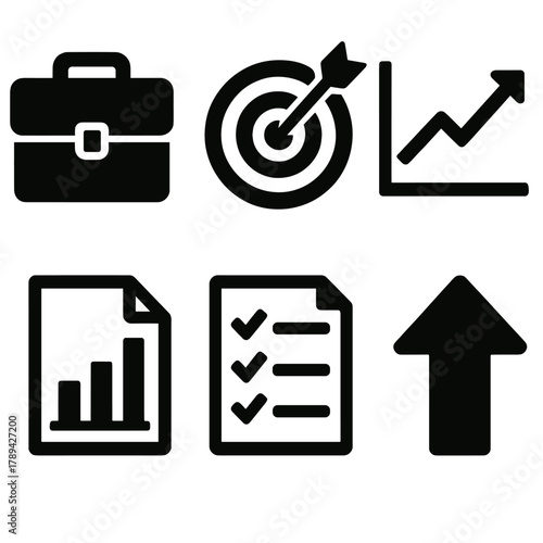 Bold Business Icons. Business goal setting silhouette icon set: briefcase, target board, chart line, document chart, checklist, upward arrow.